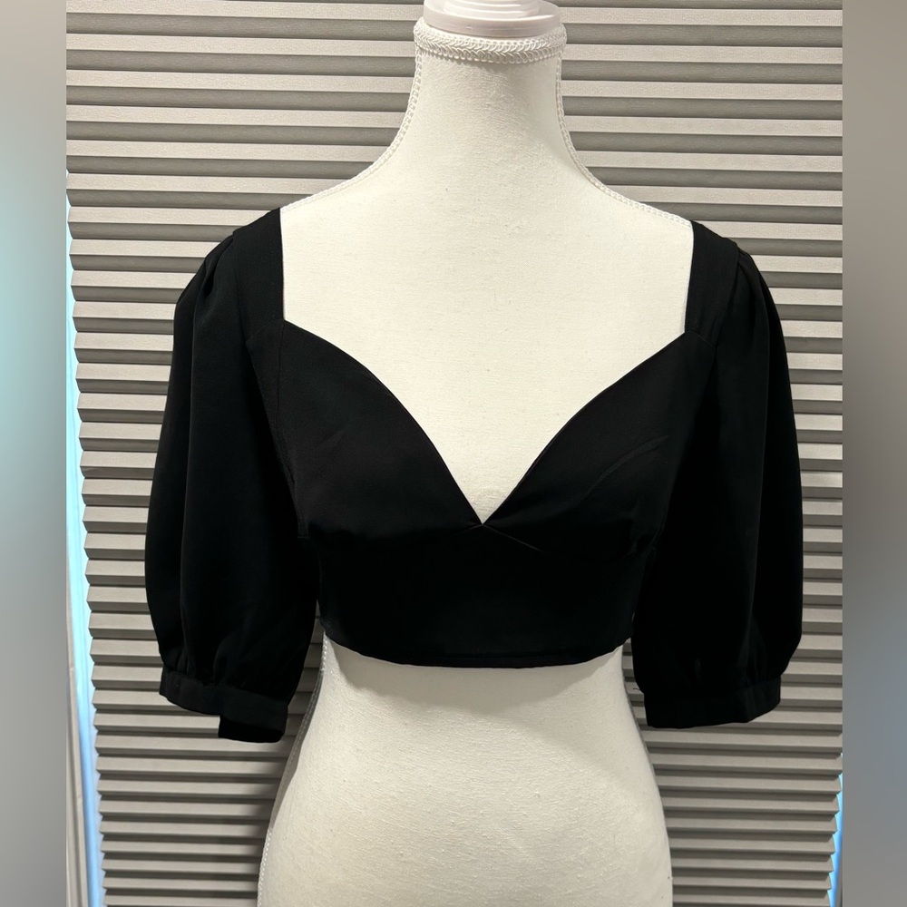 Black Privé Sweetheart Neck Puff Sleeve Crop Blouse Size Small Party Dance Boho